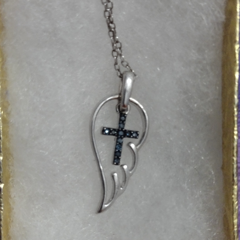 Silver Angel Wing Necklace with Blue Cross Accent 18" Sterling Silver 925